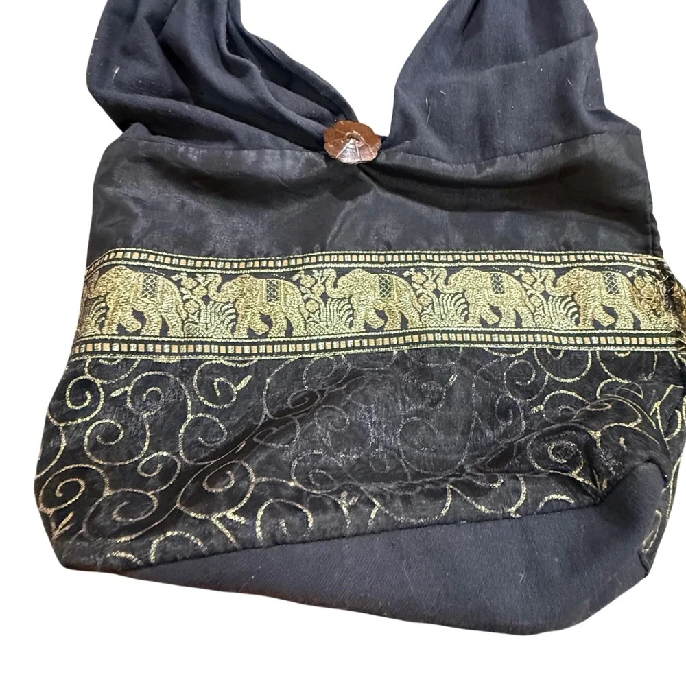Black Gold Elephant Embroidered Boho Hobo Shoulder Bag‎ Coconut Button